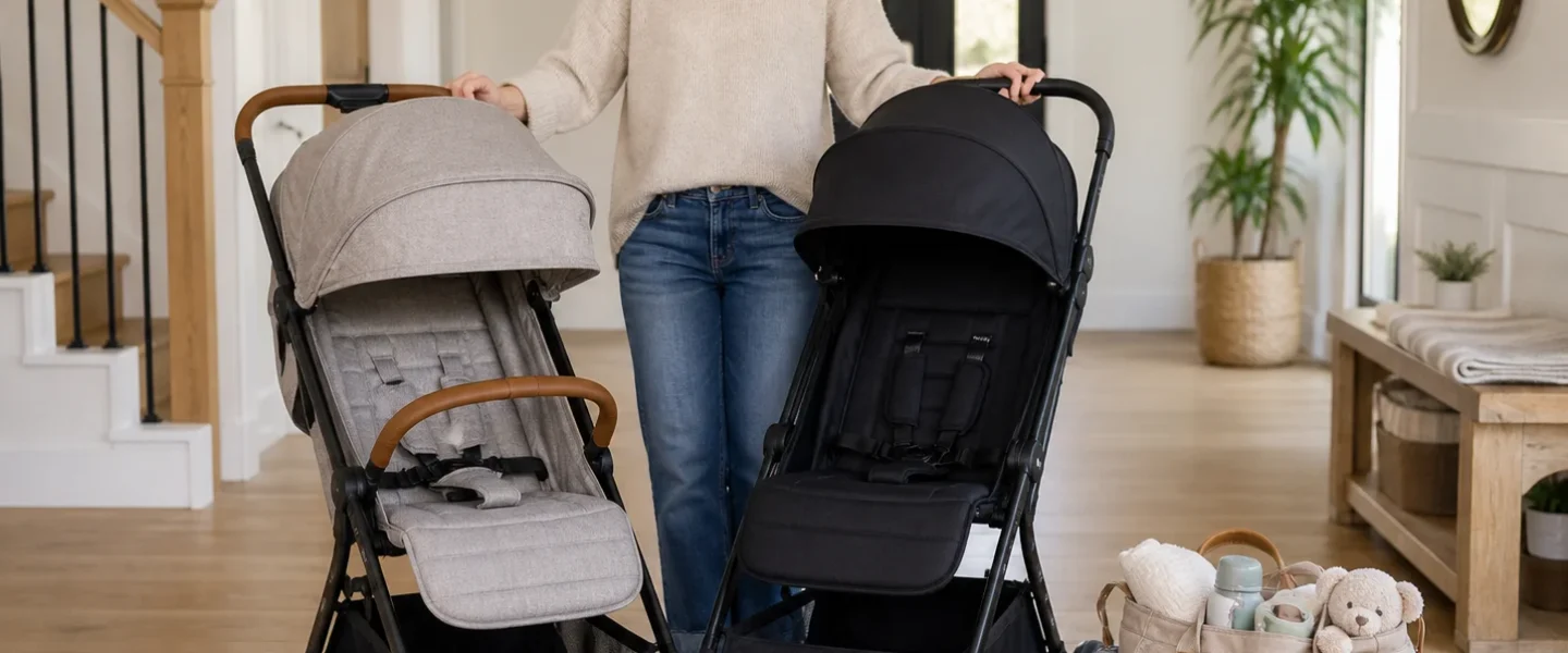 Stroller comparisons guide showing a parent comparing baby strollers in a bright home entryway
