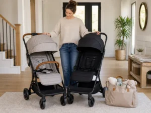 Stroller comparisons guide showing a parent comparing baby strollers in a bright home entryway