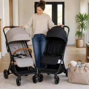 Stroller comparisons guide showing a parent comparing baby strollers in a bright home entryway