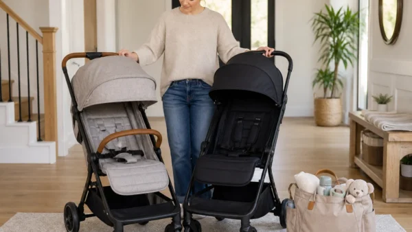 Stroller comparisons guide showing a parent comparing baby strollers in a bright home entryway