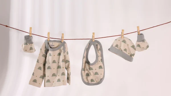 Baby bodysuit, bib, hat and booties clipped to a clothesline against a pale background