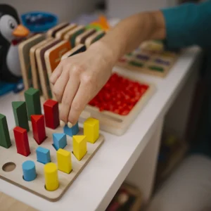 Child's hand placing colorful wooden shapes into a sorting board on a play table